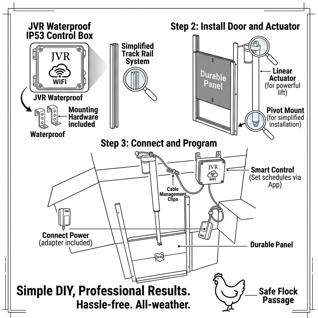 JVR WiFi Chicken Coop Door, App & Alexa Control, Sunrise/Sunset, Anti-Pinch