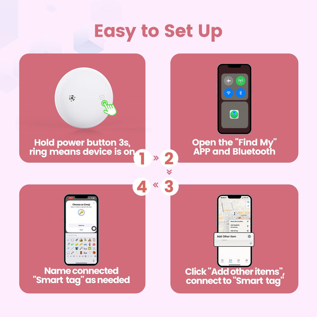 Smart Pet Tracker for Collar - Dog Trackers Location for Pet with Holder, No Monthly Fee, Real-Time Tracking, iOS Only, IPX6 Waterproof, Long-Lasting, Anti-Lost Tracker for Cats, Bag Straps,Pink