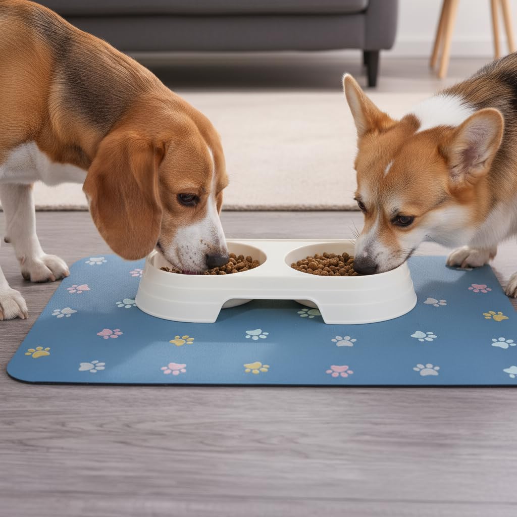 Yetstock Pet Feeding Mat Absorbent Dog Mat for Food and Water Non Slip Quick Dry Dog Bowl Mats for Floors 27" X 17" Paw Lake Blue