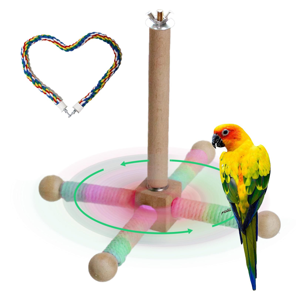 24 Inch Bird Perch Rope with 360° Free Rotating Stand, 0.8 Inch Diameter Natural Cotton Rope Perch for Parakeets, Cockatiels, Parrots, Conures - Safe, Durable Bird Cage Accessory for Chewing & Resting