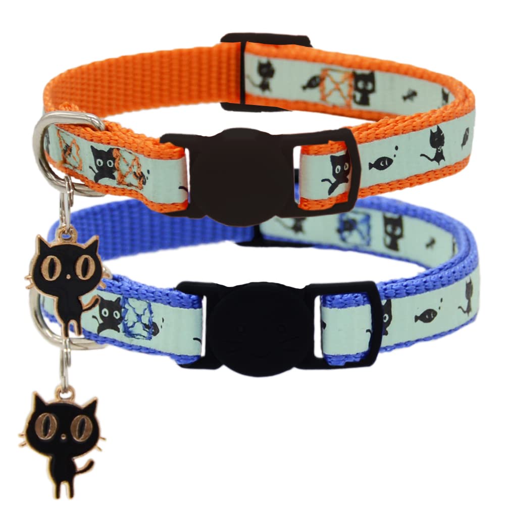 2 Pack Glow in The Dark Cat Collar with Bell Breakaway Safety Cat Puppy Collars with Pendant Black and Pink