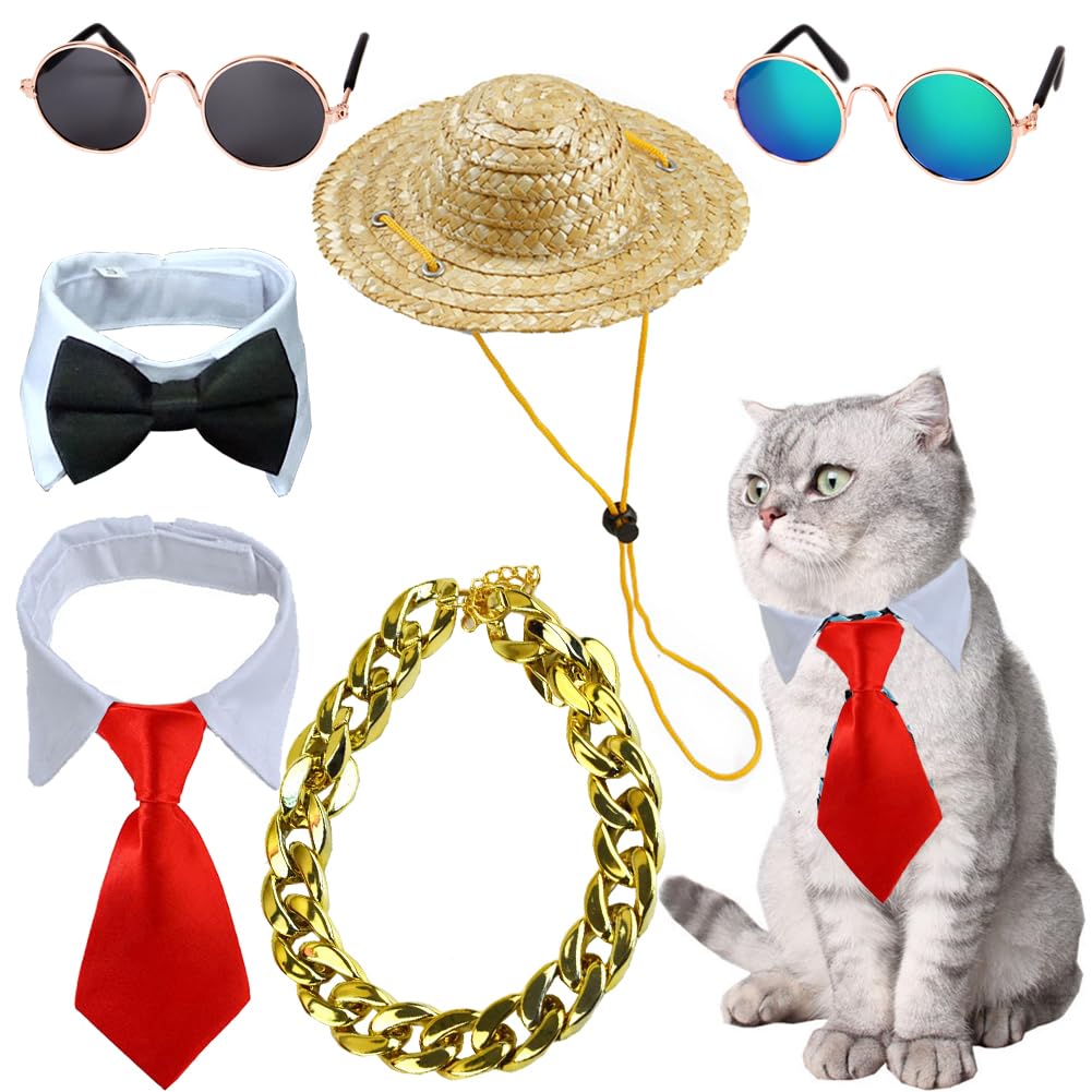 8 Pieces Pets Dog Cat Bowtie Pet Sunglasses Pet Costume Adjustable Formal Necktie Collar for Cats Small Dogs Puppy Grooming Accessories (Black/red + Glasses)