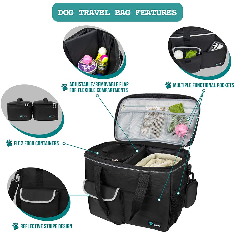 PetAmi Dog Travel Bag Organizer, Pet Supplies Tote Diaper Bag, Black Medium