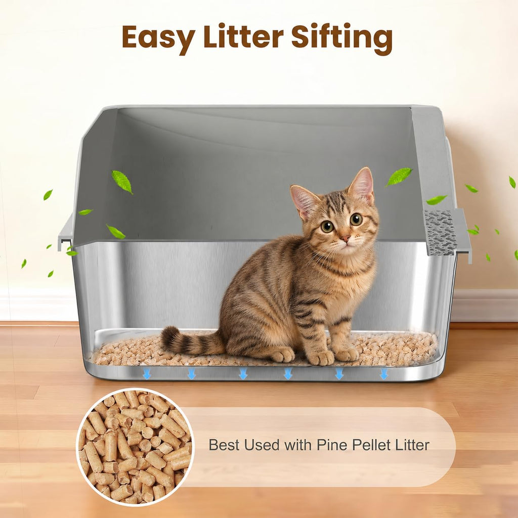 TIUUBT Stainless Steel Sifting Litter Box for Pine Pellets, Sifting Cat Litter Box with Sifter, High Side for Small Cats, Anti-Leakage, Odor Control, Includes Scooper, 17.7" x 13.8" x 11"