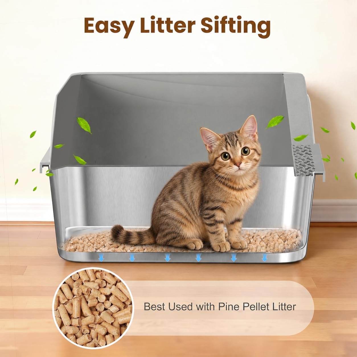 TIUUBT Stainless Steel Sifting Litter Box for Pine Pellets, Sifting Cat Litter Box with Sifter, High Side for Small Cats, Anti-Leakage, Odor Control, Includes Scooper, 17.7" x 13.8" x 11"