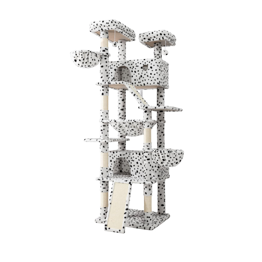 SHA CERLIN 81in Multi-Level Tall Cat Tree Tower for Indoor Kitties/Larger Cat Condo Furniture with Hammock/Cozy Pussycat Perches/Sisal Scratching Posts/Pet House/Wide Base/White & Black Spot