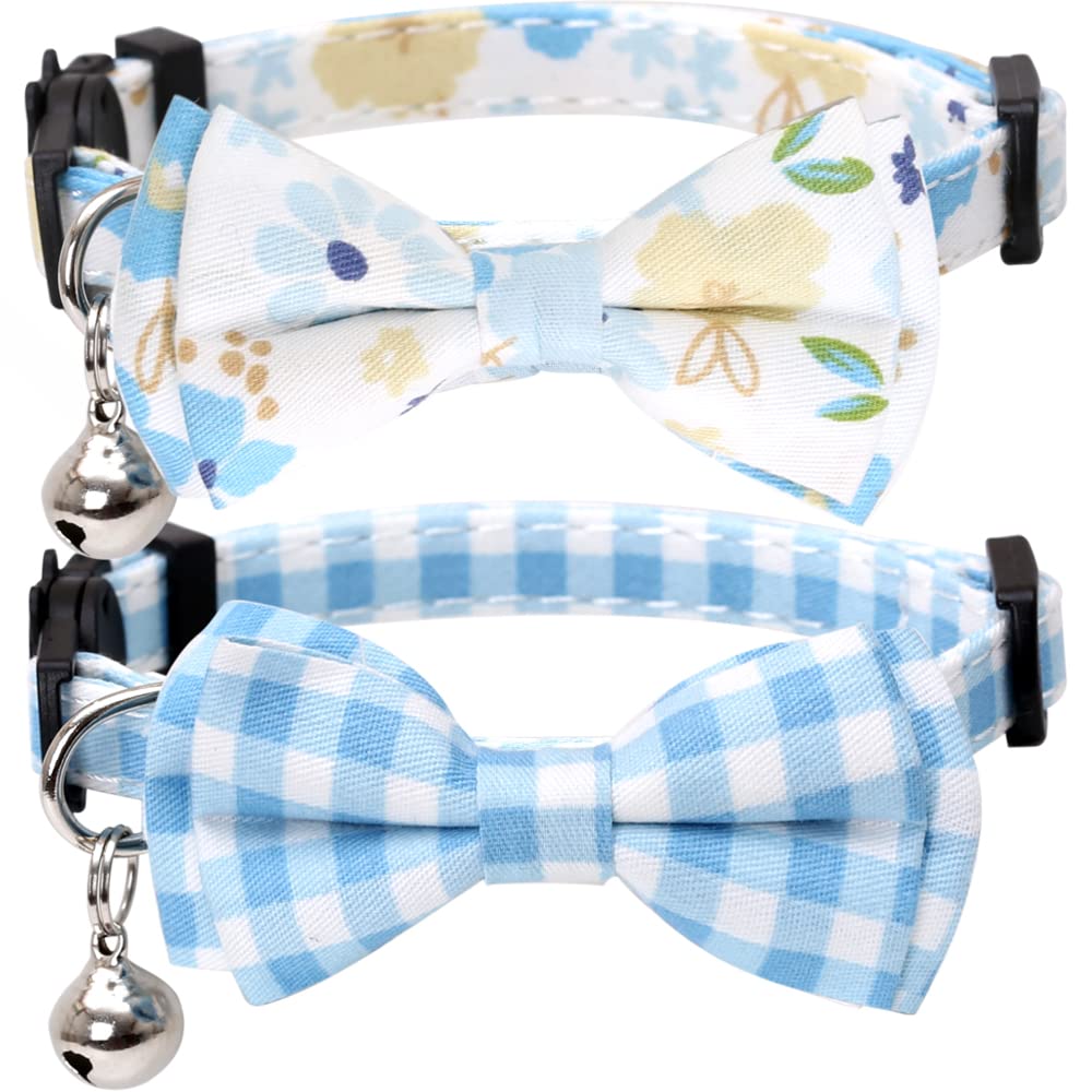 2 Pack Cat Collar Breakaway with Bow Tie and Bell Plaid Flower for Kitty