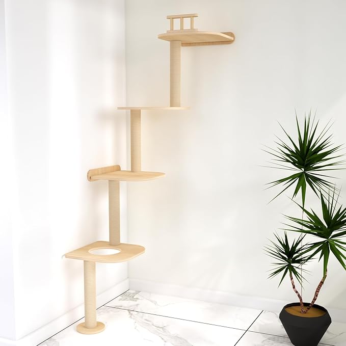 Wall-Mounted Tall Cat Tree Cat Scratching Post, Space Saving Floor to Ceiling Cat Tower, Natural Wood Wall Shelves, Corner cat Jumping Platform cat Bed,Suitable for Large Cats-63