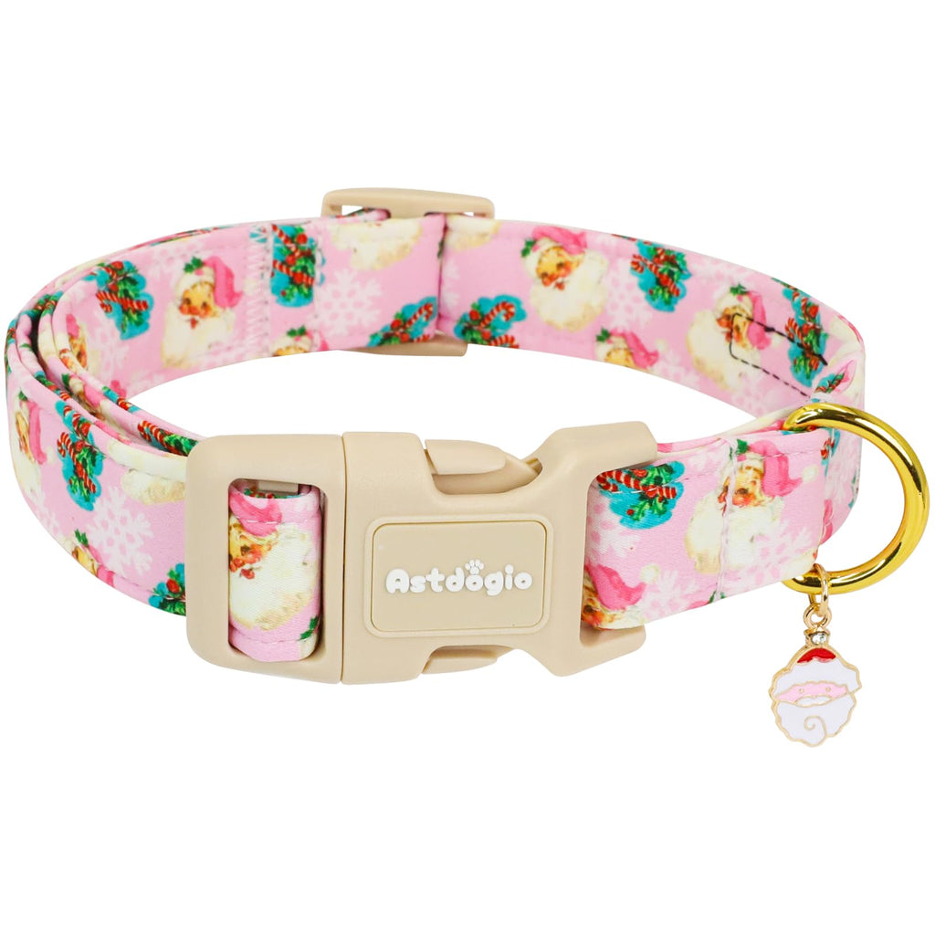 Astdogio Christmas Dog Collar for Medium Dogs, Adjustable Poly-Cotton Fabric Collar with Santa Pattern, Cute Pink Dog Collar for Dogs, Medium Dog Collars Girls Dog Collars