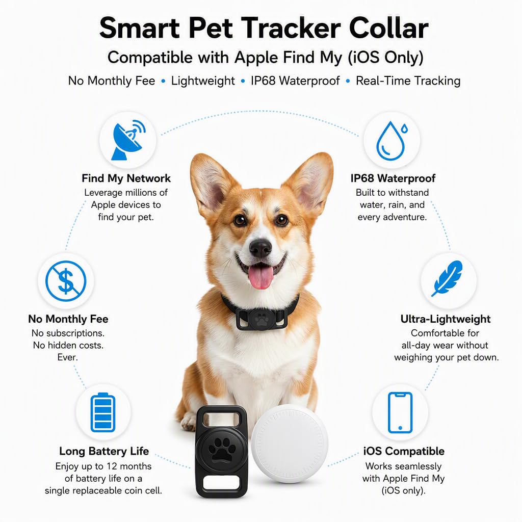 Smart Pet Location Tag with Holder – No Subscription, Compatible with Apple Find My (iOS Only), Lightweight Silicone Case, Clip-On Anti-Loss Accessory for Dog & Cat Collars, Bags (Black&White)