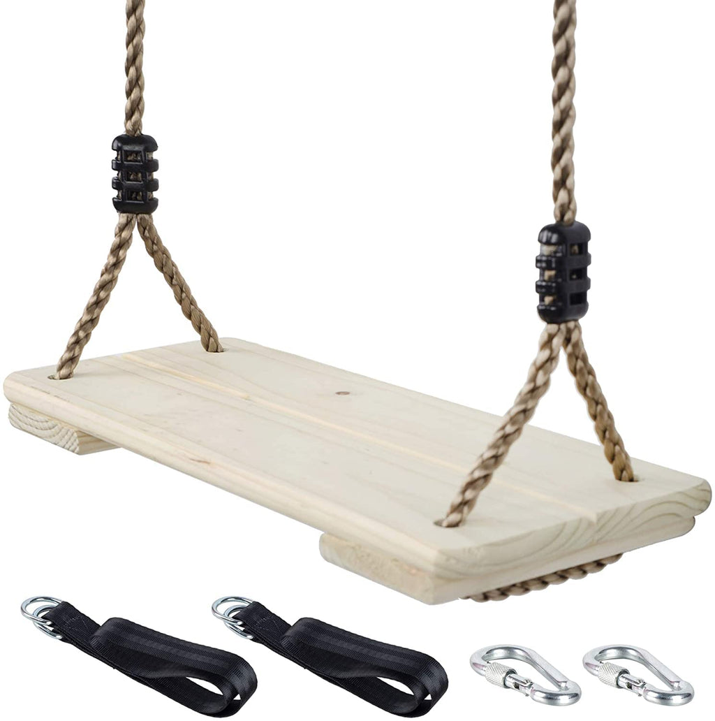 NOSTIFY Wooden Swing Seat, Nostalgic Outdoor Wood Swing for Kids, Tree Straps Set Accessories for Backyard Patio Garden Playground, Height Adjustable (Raw wood)