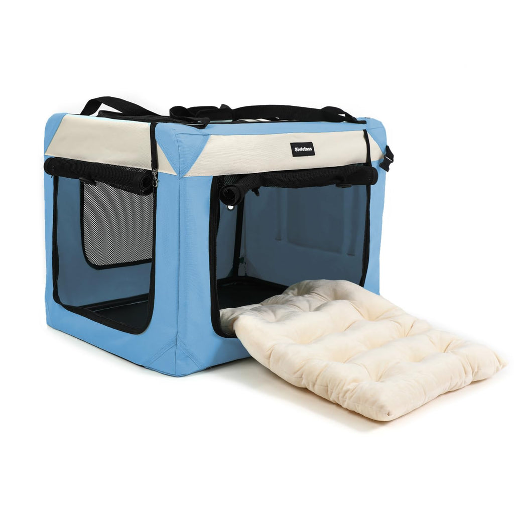 Sivlefoss Collapsible Travel Dog Crate Portable Soft-Sided Pet Kennel Extra Large Cat Carrier with Soft Plush Fur Mat for Indoor and Outdoor,28x20x20in Sky Blue