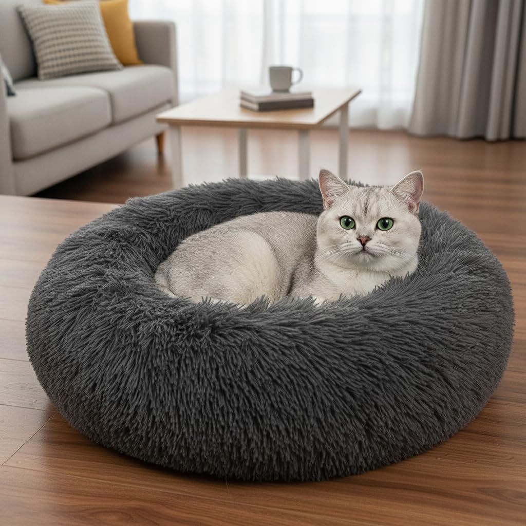 Donut Small Dog Bed, Calming Cat Beds for Indoor Cats, Deep Grey, 13x13x4in