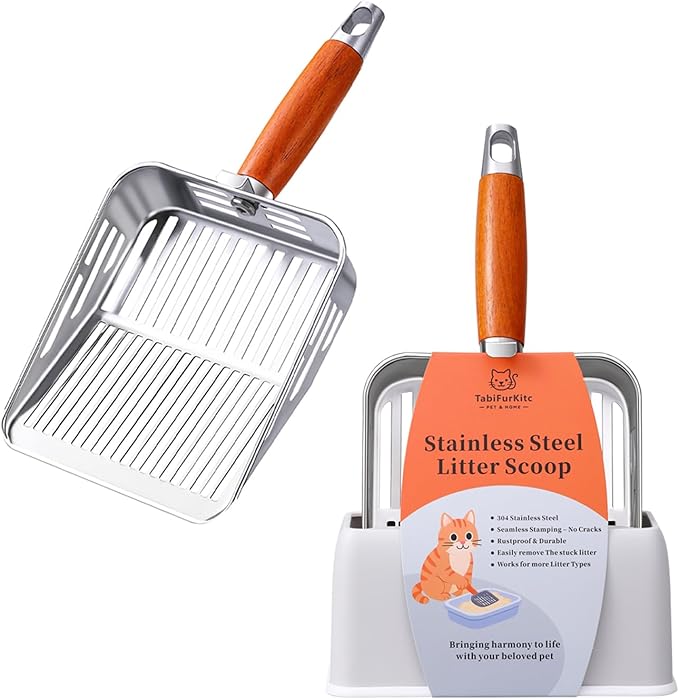 TabifurKitc Rustproof & Unbreakable 304 Stainless Steel Metal Cat Litter Scoop with Holder Stand, One-Piece Pressed Design with No Welds, Easy Bottom Scooping, Reinforced Anti-Break Handle
