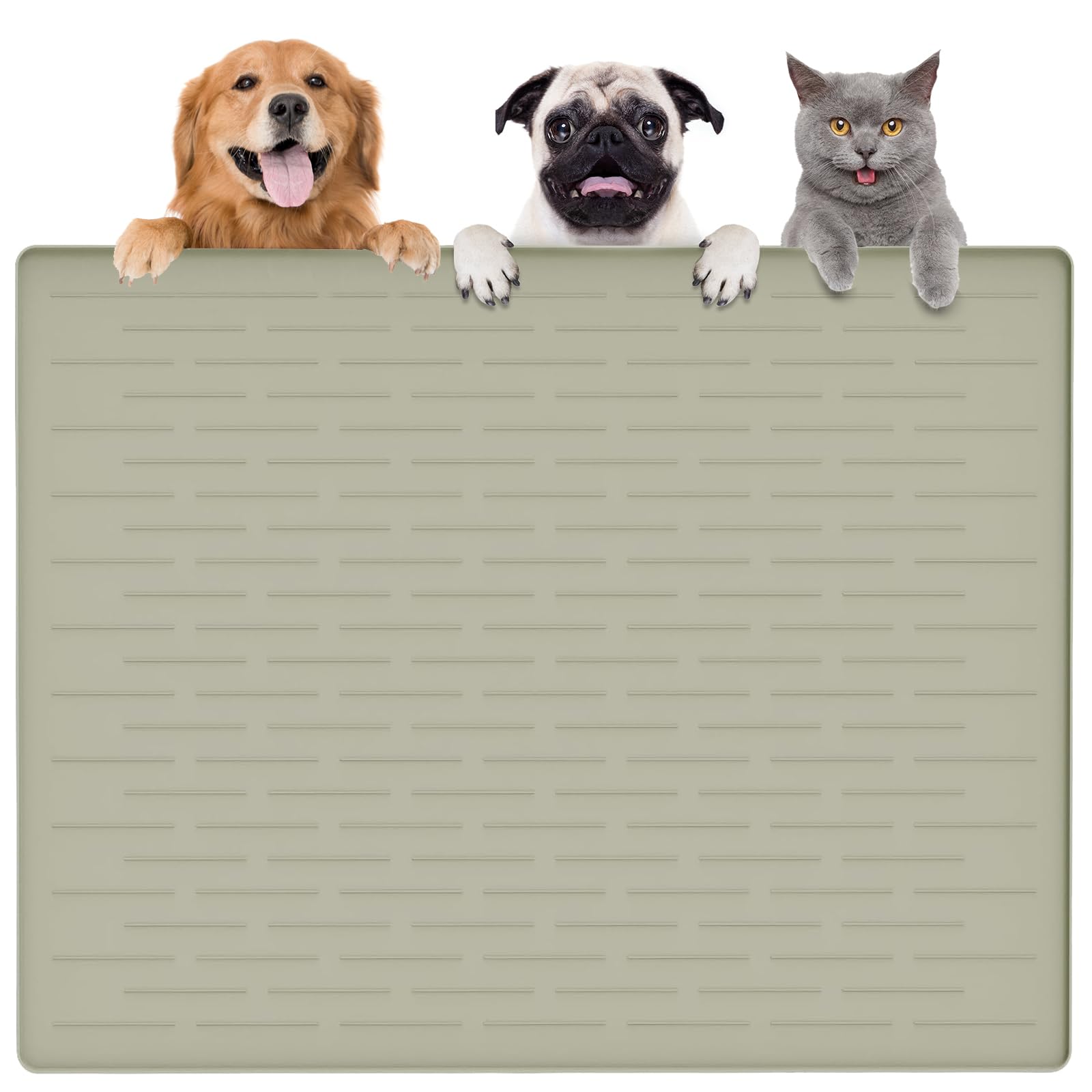 Largest Dog Food Mat, 39.5"x29.5" Silicone Dog and Cat Mat for Food and Water Bowls, Thinken Waterproof Non-Slip XXXL Pet Feeding Mat for Floors (Grayish Green)