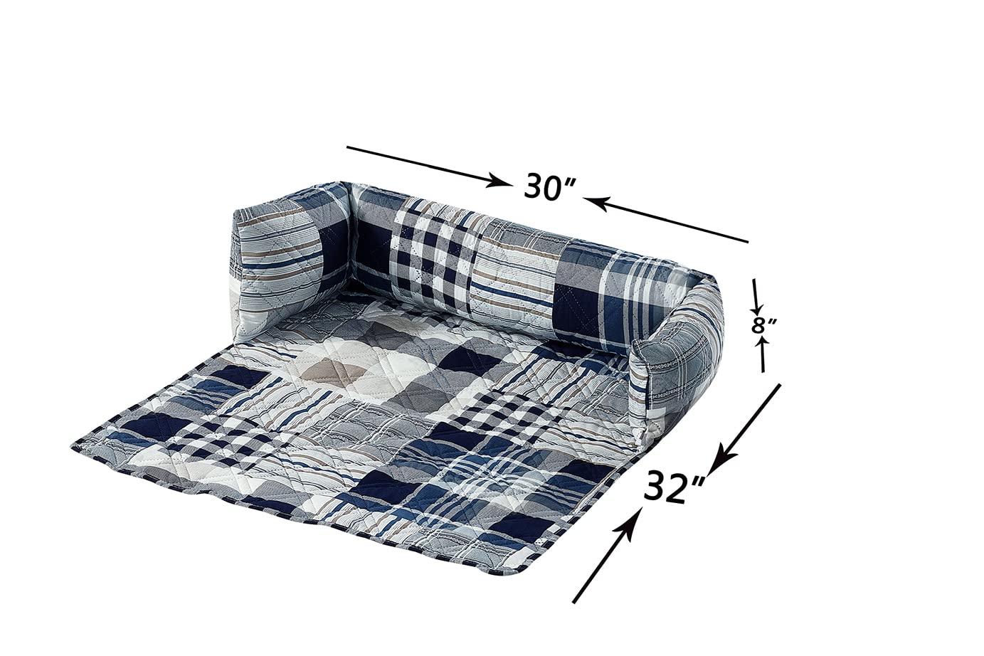 Brilliant Sunshine Blue Plaids and Stripes Patchwork Pet Sofa Bed, Quilted, Slip Resistant, Washable Couch Protector with Removable Bolster Cushions, Furniture Cover for Pets, Dogs, Cats, Medium, Blue