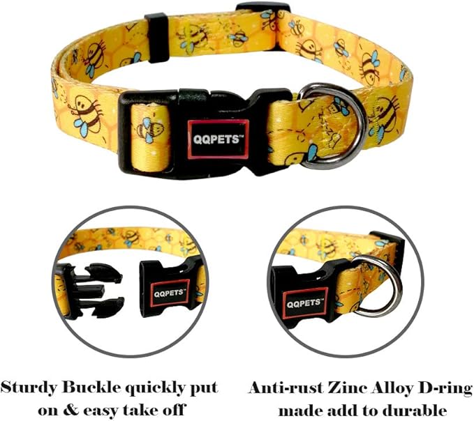 QQPETS Adjustable Soft Dog Collar: Print Flower Pink Multicolor Cute Patterns for XS Small Medium Large Pet Girl Boy Puppy Walking Running Training (M, Yellow Bee)