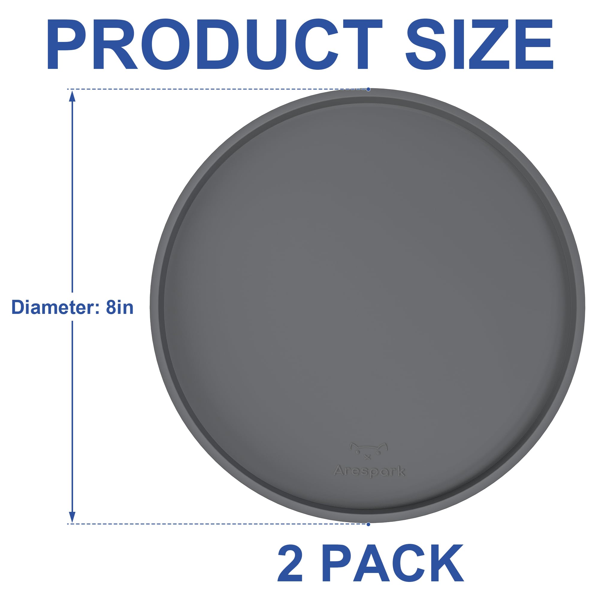 Arespark Cat Food Mat, Set of 2 Nonslip Waterproof Feeding Bowl Silicone Mats with Raised Edges for Food Water Prevent Spills, Round Eating Plates Tray for Dog Cat Puppy Kitten, 8'' x 8''