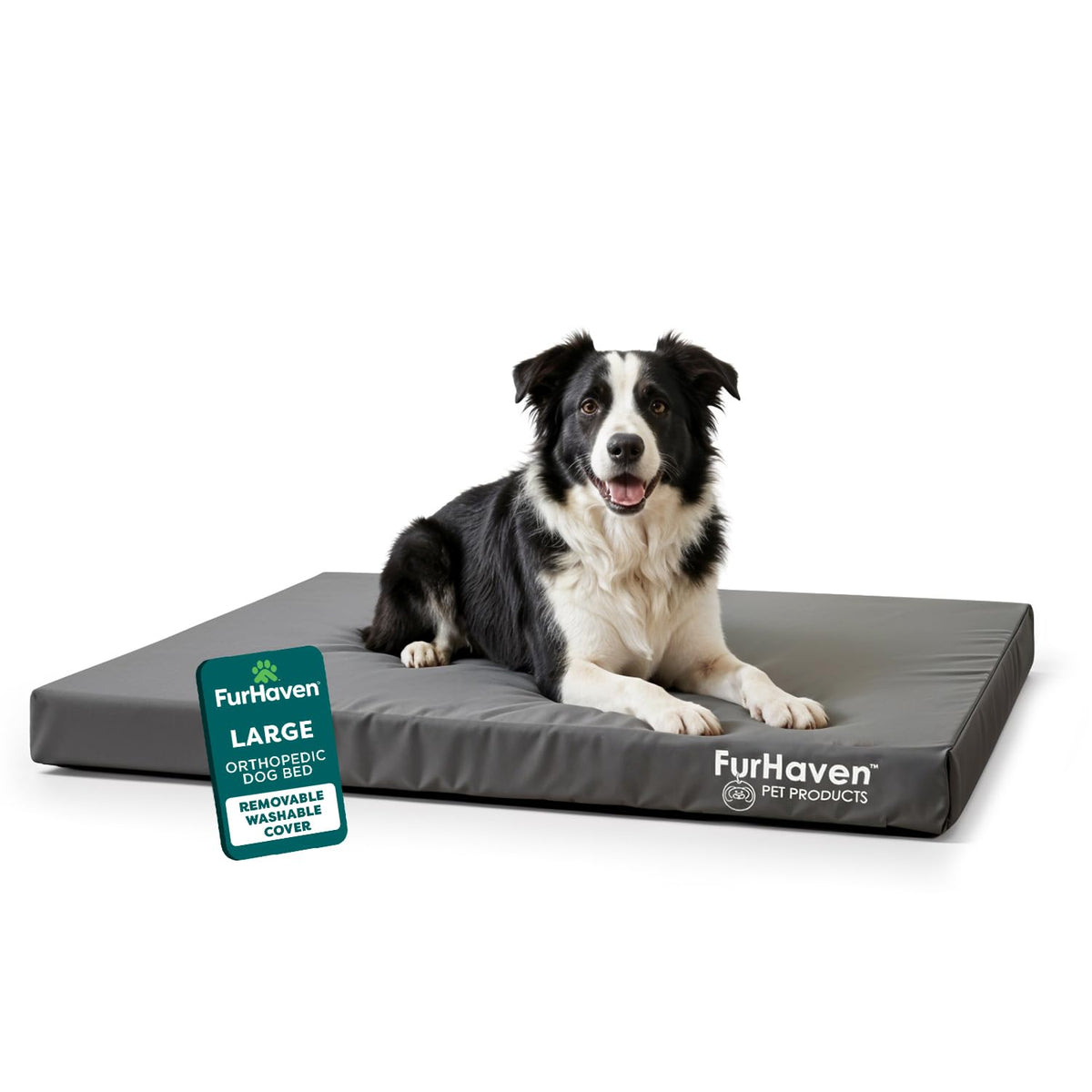 Furhaven Water-Resistant Orthopedic Dog Bed for Large Dogs w/ Removable Washable Cover, For Dogs Up to 125 lbs - Indoor/Outdoor Logo Print Oxford Polycanvas Mattress - Stone Gray, Jumbo Plus/XXL