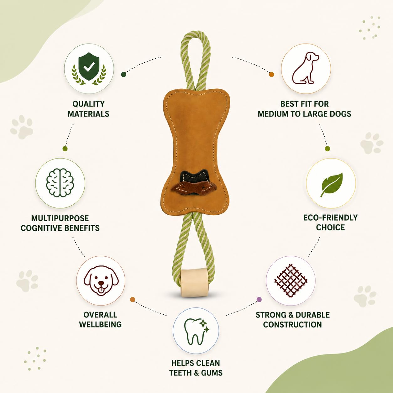 PAWPOURRI Natural Suede Leather and Rope Chew Toy with Bone Design for Medium and Large Dogs | Durable Interactive Play Toy | Great for Fetch, Tug and Daily Chewing Fun