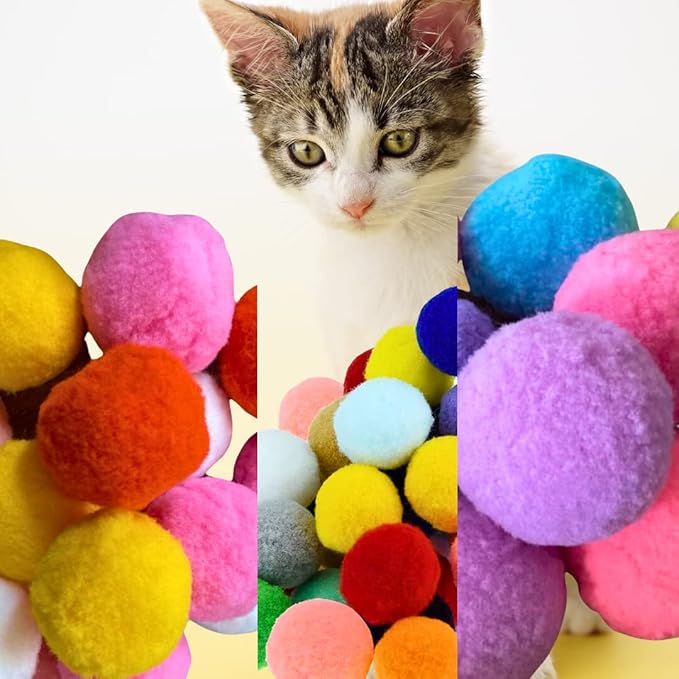 Shizhoo 30 Pcs Soft Pom Pom Balls for Kittens with Cat Ball Launcher Toy, Interactive Plush Toy for Kitten Training and Play - Pet Products for Cats (3.0 CM with Bloster)