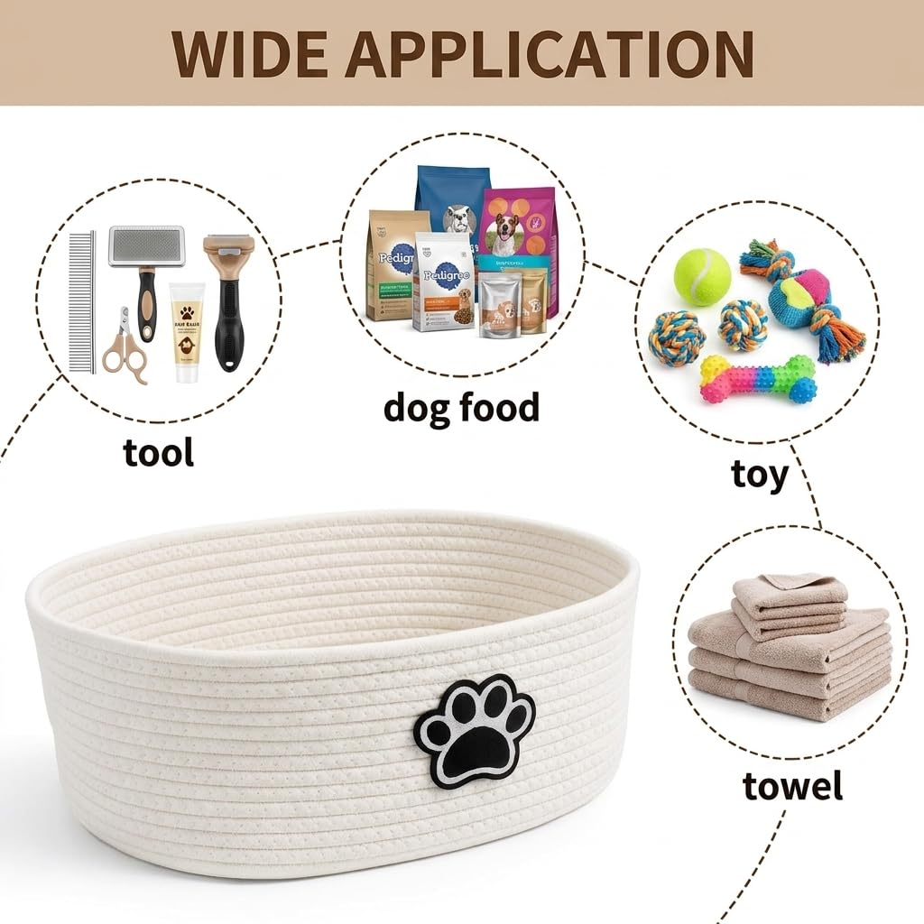 Woven Basket,Dog Toys Basket with Handle,Cute Cotton Gift Baskets Empty for Puppy Leash,Blanket Food, Accessories Pet and Household Storing