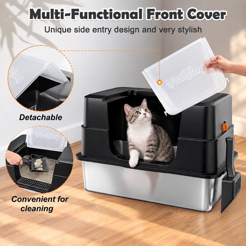 Vivifying XL Stainless Steel Cat Litter Box with Lid, Side Entry, Black