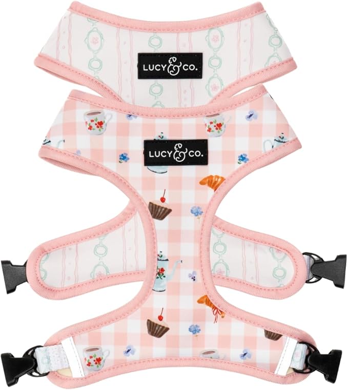 Lucy & Co. Reversible Dog Harness - Water-Repellent Neoprene, Dual-Print Design, Easy Swap Style, Adjustable Comfort Fit - Sipping Slowly Reversible Harness - Large