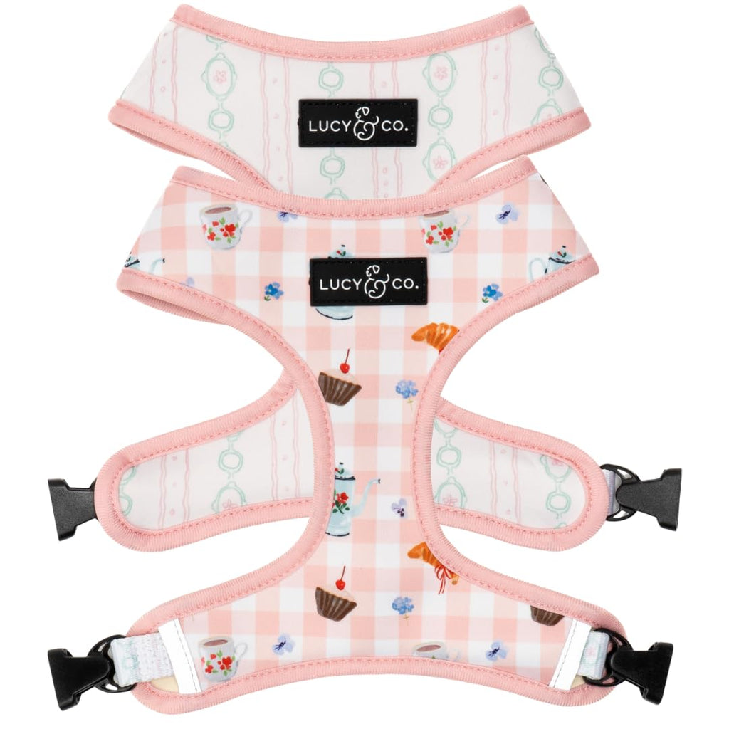 Lucy & Co. Reversible Dog Harness - Water-Repellent Neoprene, Dual-Print Design, Easy Swap Style, Adjustable Comfort Fit - Sipping Slowly Reversible Harness - Small