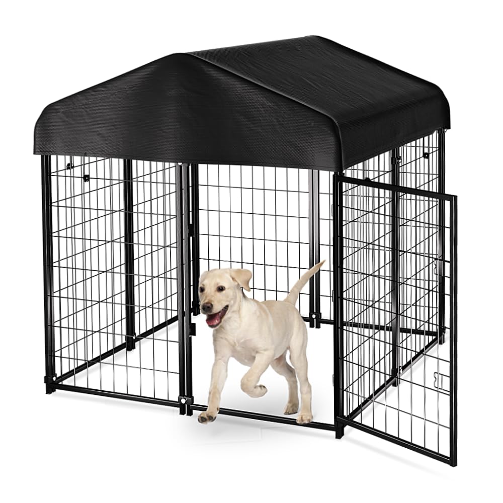 Dog Kennel Outside with Roof, 4'x4'x4.5' Outdoor Dog Kennel
