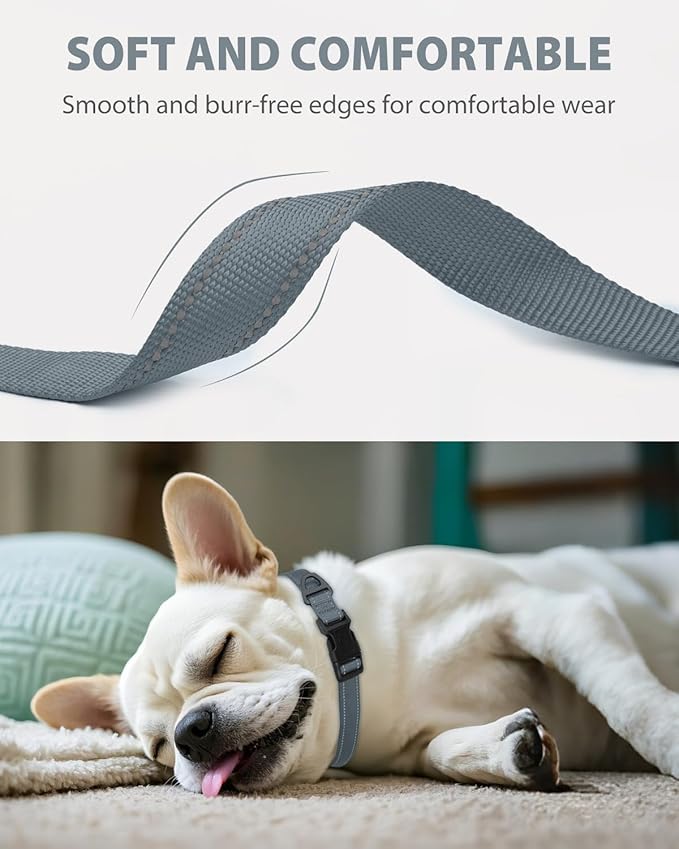 Joytale Dog Collars for Small Dogs, Feather-Light Double-Sided Reflective Nylon Collar for Night Safety, Adjustable Quick-Release for Growing Puppies, Gray, S (5/8" Width)