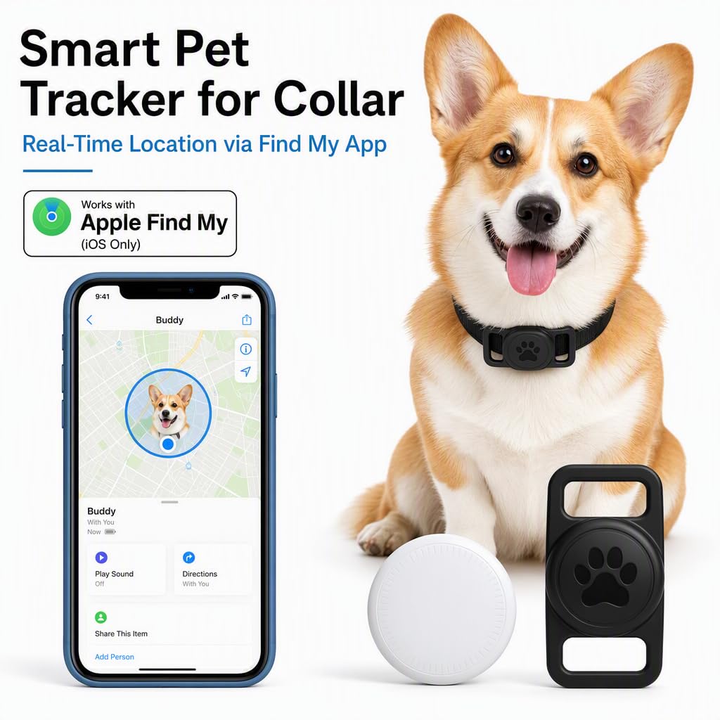Smart Pet Location Tag with Holder – No Subscription, Compatible with Apple Find My (iOS Only), Lightweight Silicone Case, Clip-On Anti-Loss Accessory for Dog & Cat Collars, Bags (Black&White)