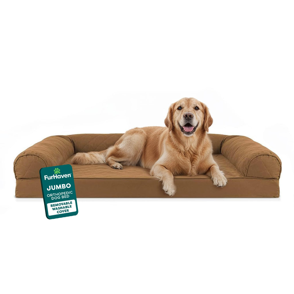 Furhaven Orthopedic Dog Bed for Large Dogs w/ Removable Bolsters & Washable Cover, For Dogs Up to 95 lbs - Quilted Sofa - Toasted Brown, Jumbo/XL