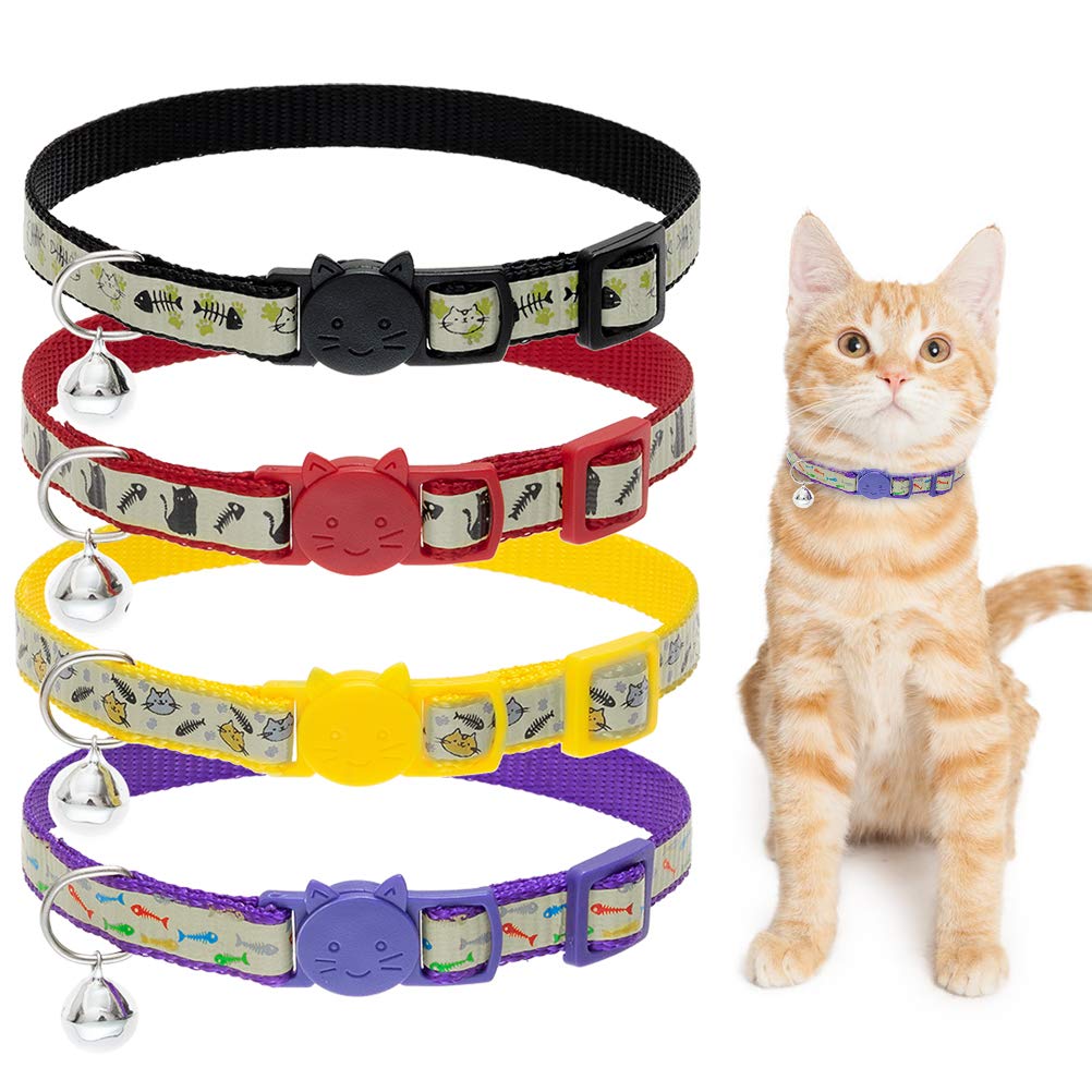 Cat Collars Breakaway with Bell - Glow in The Dark Collar 4 Pack - Fish & Cat Pattern 4 Colors for Kitty and Puppies, Adjustable from 7-11 Inch