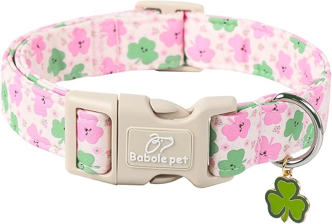 Babole Pet St Patricks Day Dog Collar for Large Dogs - Cute Light Pink Shamrock Girl Dog Collars, Adjustable Irish Clover Puppy Collar with Quick Release Buckle L