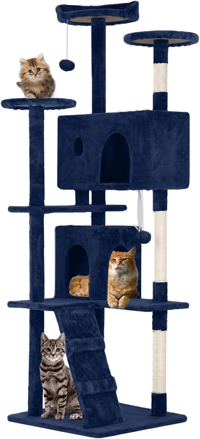 FDW | 70" Cat Tree Tower | Navy Blue | Multi-Level Indoor Activity Center with Sisal Scratching Posts, Condos, Plush Perches, Hanging Cat Toys | Sturdy, Easy to Assemble | for Kittens & Adult Cats