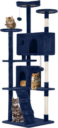 FDW | 70" Cat Tree Tower | Navy Blue | Multi-Level Indoor Activity Center with Sisal Scratching Posts, Condos, Plush Perches, Hanging Cat Toys | Sturdy, Easy to Assemble | for Kittens & Adult Cats