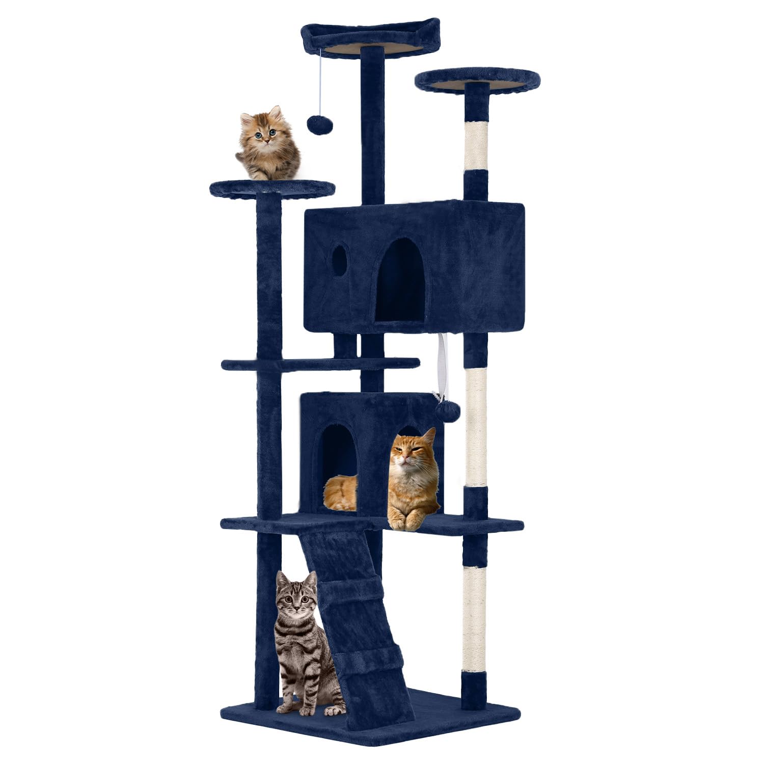 FDW | 70" Cat Tree Tower | Navy Blue | Multi-Level Indoor Activity Center with Sisal Scratching Posts, Condos, Plush Perches, Hanging Cat Toys | Sturdy, Easy to Assemble | for Kittens & Adult Cats
