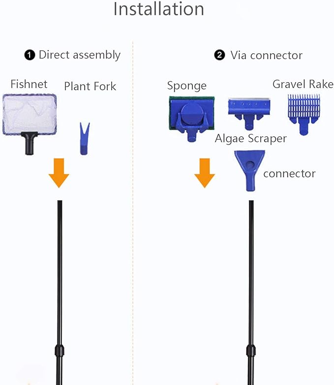 JZMYXA Aquarium Cleaning Tools Kit 5 In 1 Function for Long Deep Fish Tank, Adjustable Length Rod, Including Algae Scrape, Cleaning Sponge, 3.9" Small Fishnet, Gravel Rake, Plant Fork