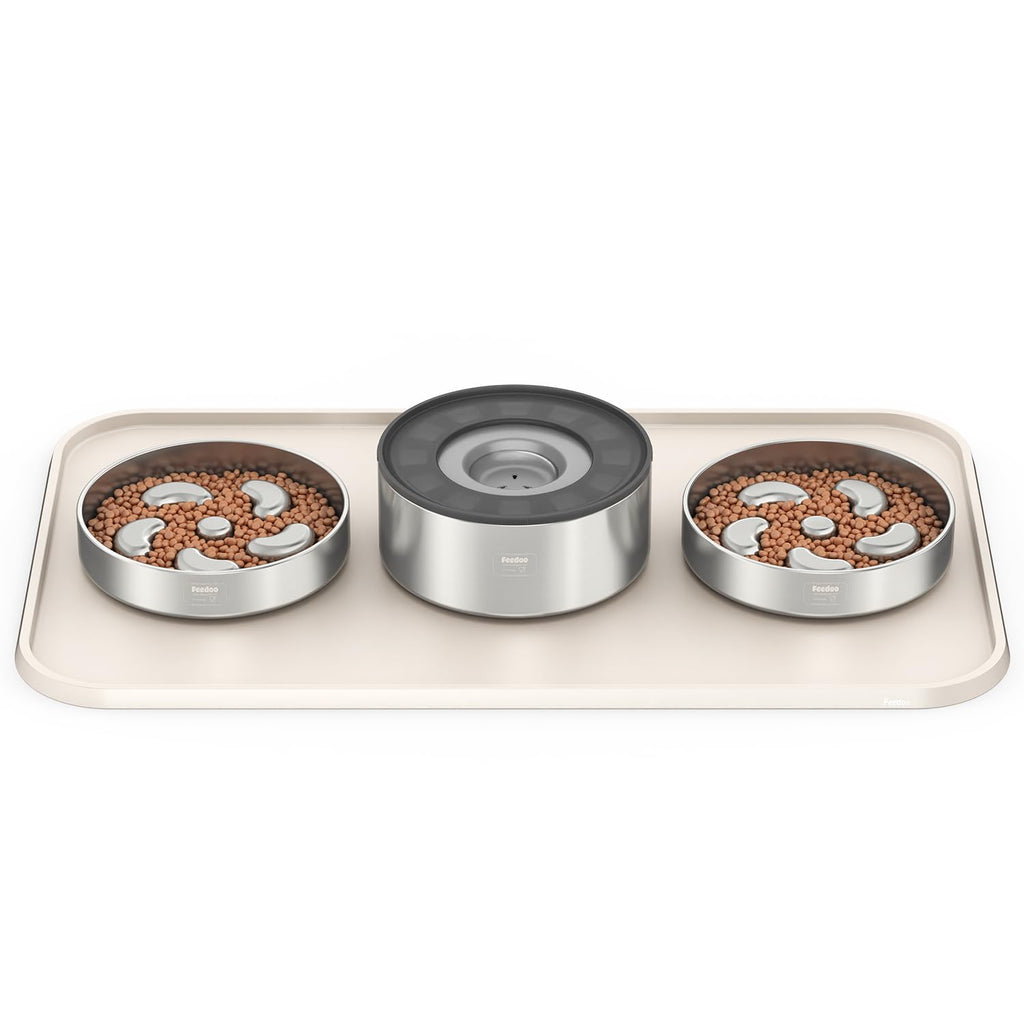 Feedoo Pet Feeding Mat [Warped Resistant Raised Edge], Water-Proof Silicone Placement for Food Water Bowls, Anti-Slip Base Protect Floor, BPA-Free&Dishwasher-Safe [28.5x16.5inch XL, Sand White]