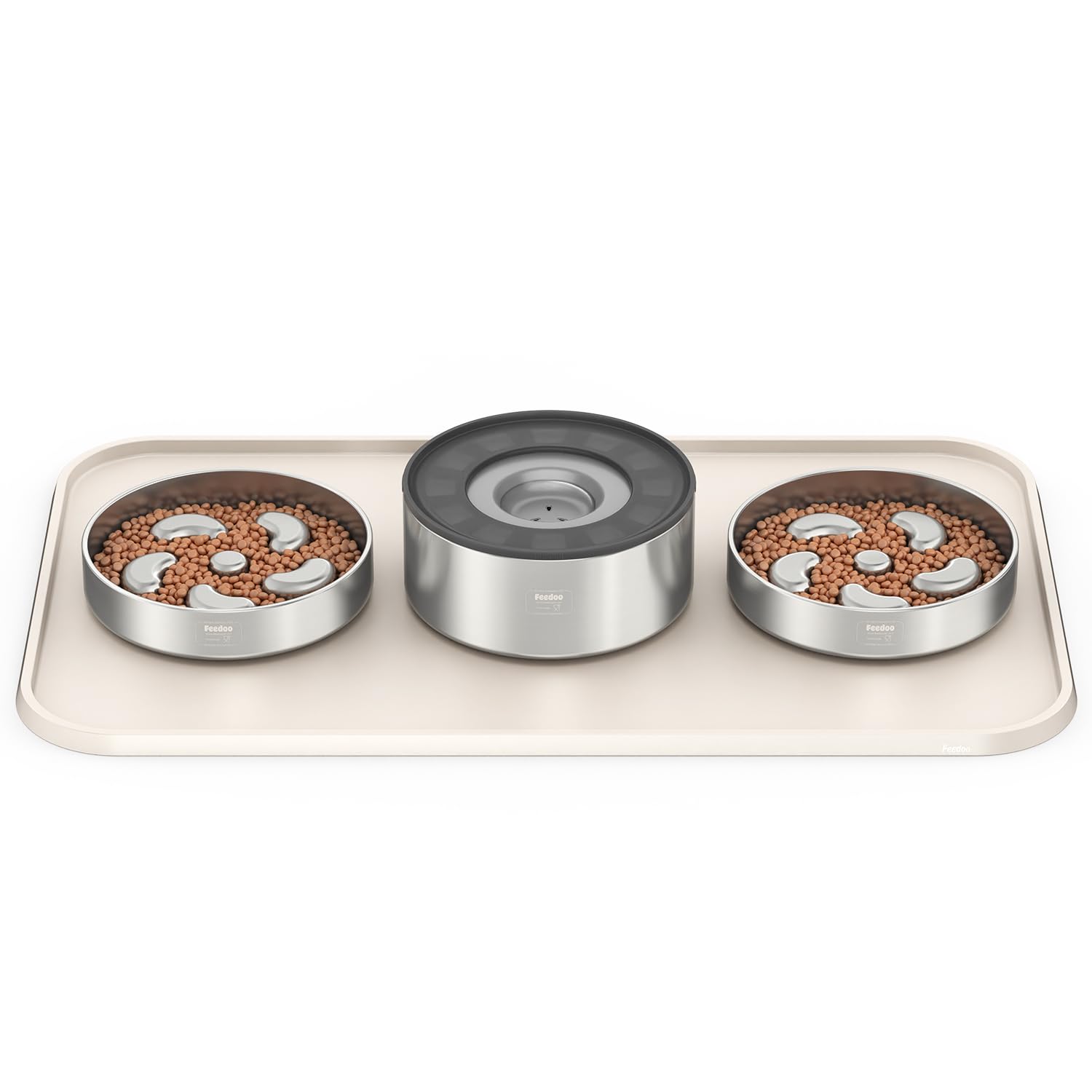 Feedoo Pet Feeding Mat [Warped Resistant Raised Edge], Water-Proof Silicone Placement for Food Water Bowls, Anti-Slip Base Protect Floor, BPA-Free&Dishwasher-Safe [28.5x16.5inch XL, Sand White]