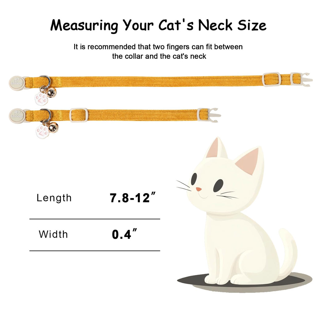 Babole Pet 2 Pack Corduroy Cat Collars - Cute Breakaway Cat Collar with Bell and Paw Pendant, Soft Adjustable Fall Winter Kitten Collars for Girl Boy Cats, Yellow&White