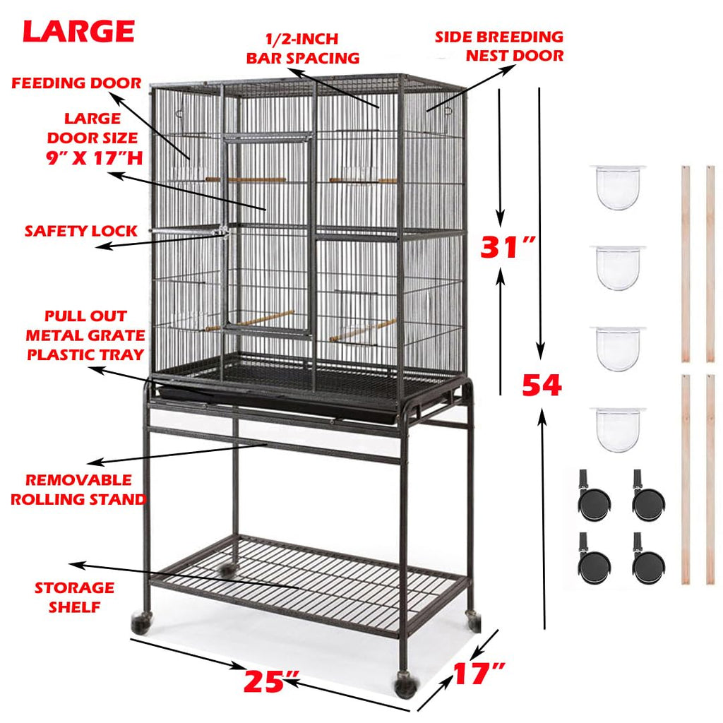 54" Large Wrought Iron Breeding Flight Canary Parakeet Cockatiel Lovebird Finch Cage Side Nesting Doors with Removable Rolling Stand