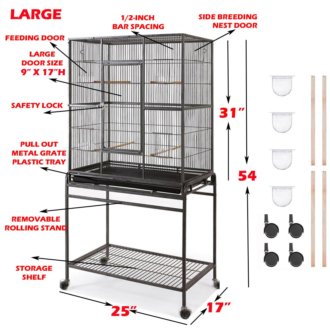 54" Large Wrought Iron Breeding Flight Canary Parakeet Cockatiel Lovebird Finch Cage Side Nesting Doors with Removable Rolling Stand