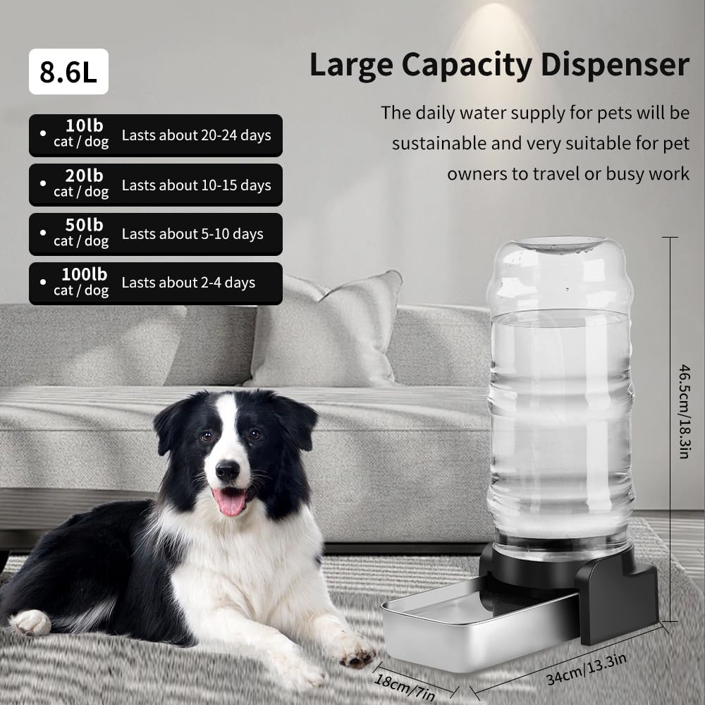 Marchul 2.3 Gallon Dog Water Dispenser, Large Dog Water Dispenser with Placemat and Stainless Steel Bowl, Automatic Gravity Pet Bowl for Dogs Medium to Large (8.6L + 3 Filters + Mat)