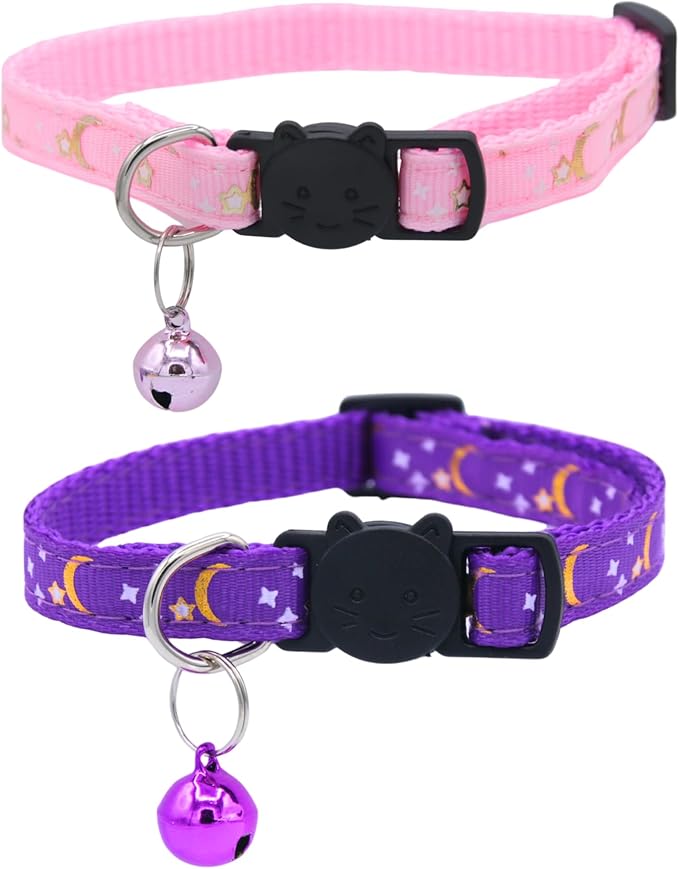 Kiokatt Celestial Nylon Breakaway Cat Collar 2-Pack w/Bells, Black and Red