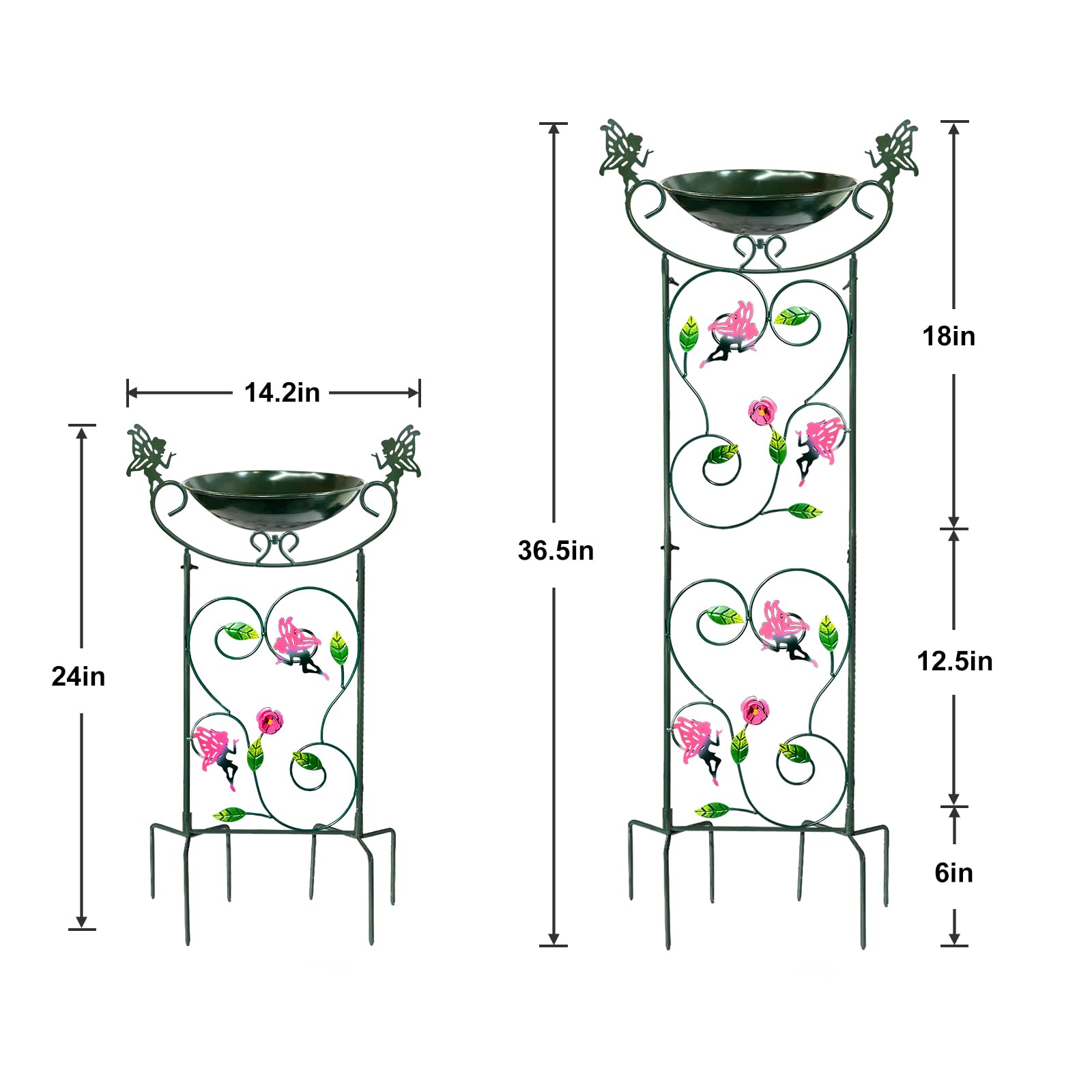 HONGLAND 36.5" Metal Bird Bath with Trellis, Outdoor Garden Birdbath with Detachable Bowl & Climbing Plant Support, Decorative Bird Feeder Station with Fairy for Yard, Patio, Fence