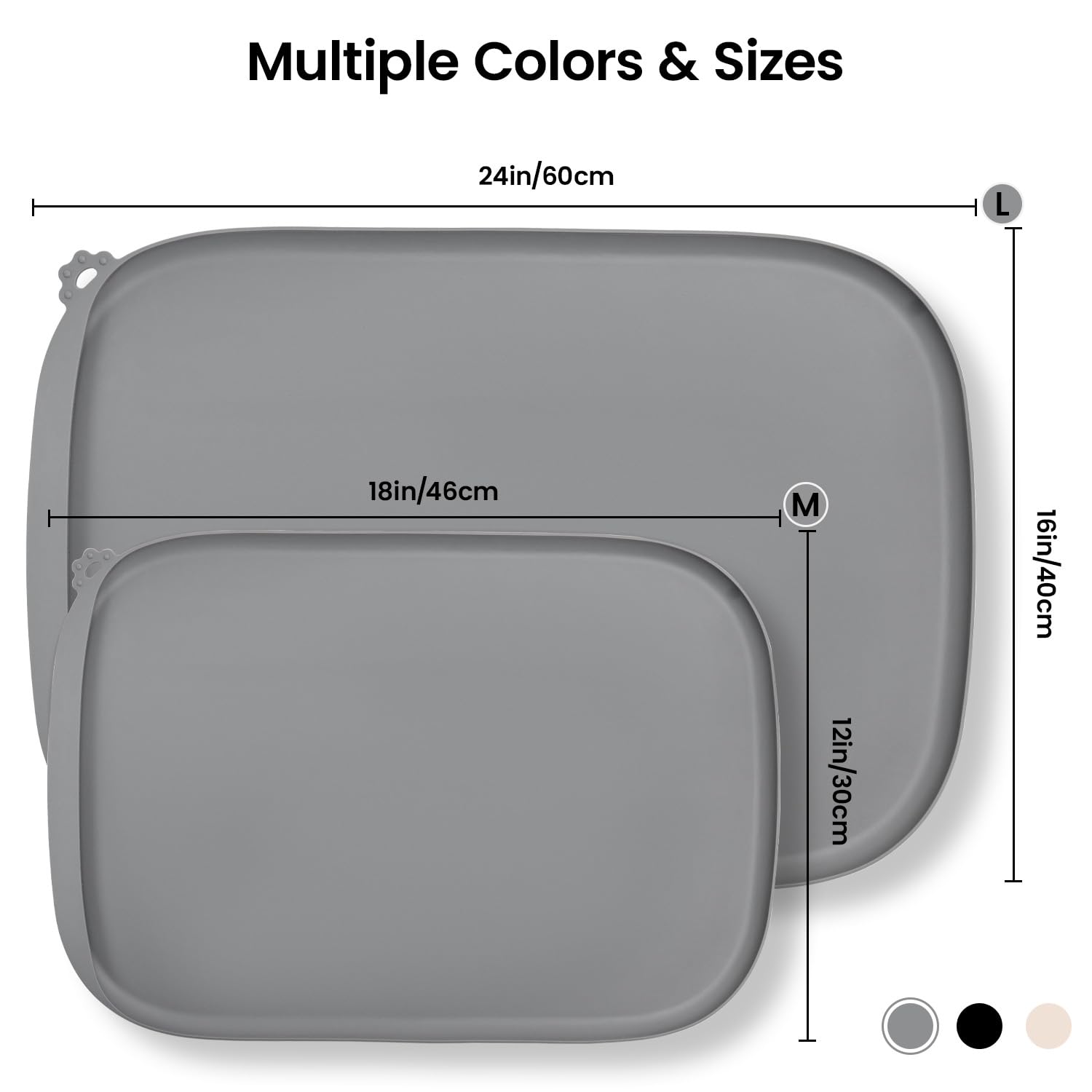 Silicone Dog Food Mat with Side Pocket & Hook Hole, Soft Raised Edges, Easy Clean Waterproof Non-Slip Pet Feeding Mat for Cats and Dogs Water Bowl, Pets Accessories(24"x16",Grey)