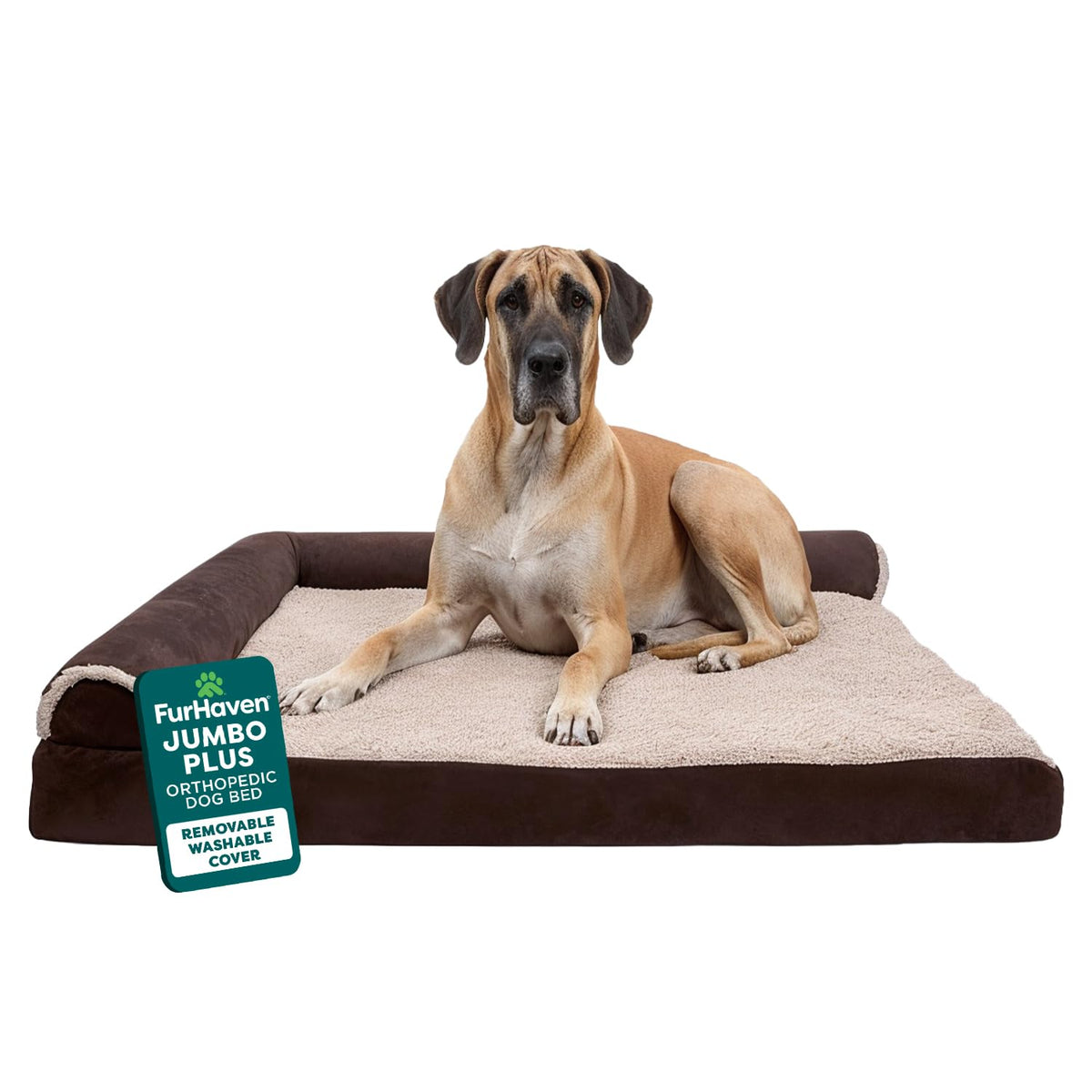 FurHaven Orthopedic Dog Bed for Large Dogs, L-Shaped Chaise Mattress with Orthopedic Egg Crate & Solid Orthopedic Foam Base for Joint Support, Washable Cover, Jumbo XL, Faux Fur & Suede, Dark Sage