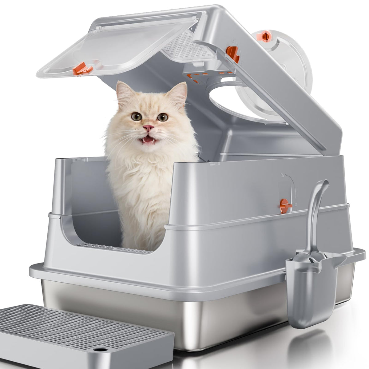 Stainless Steel Cat Litter Box with Lid, Small Enclosed Metal Litter Pan